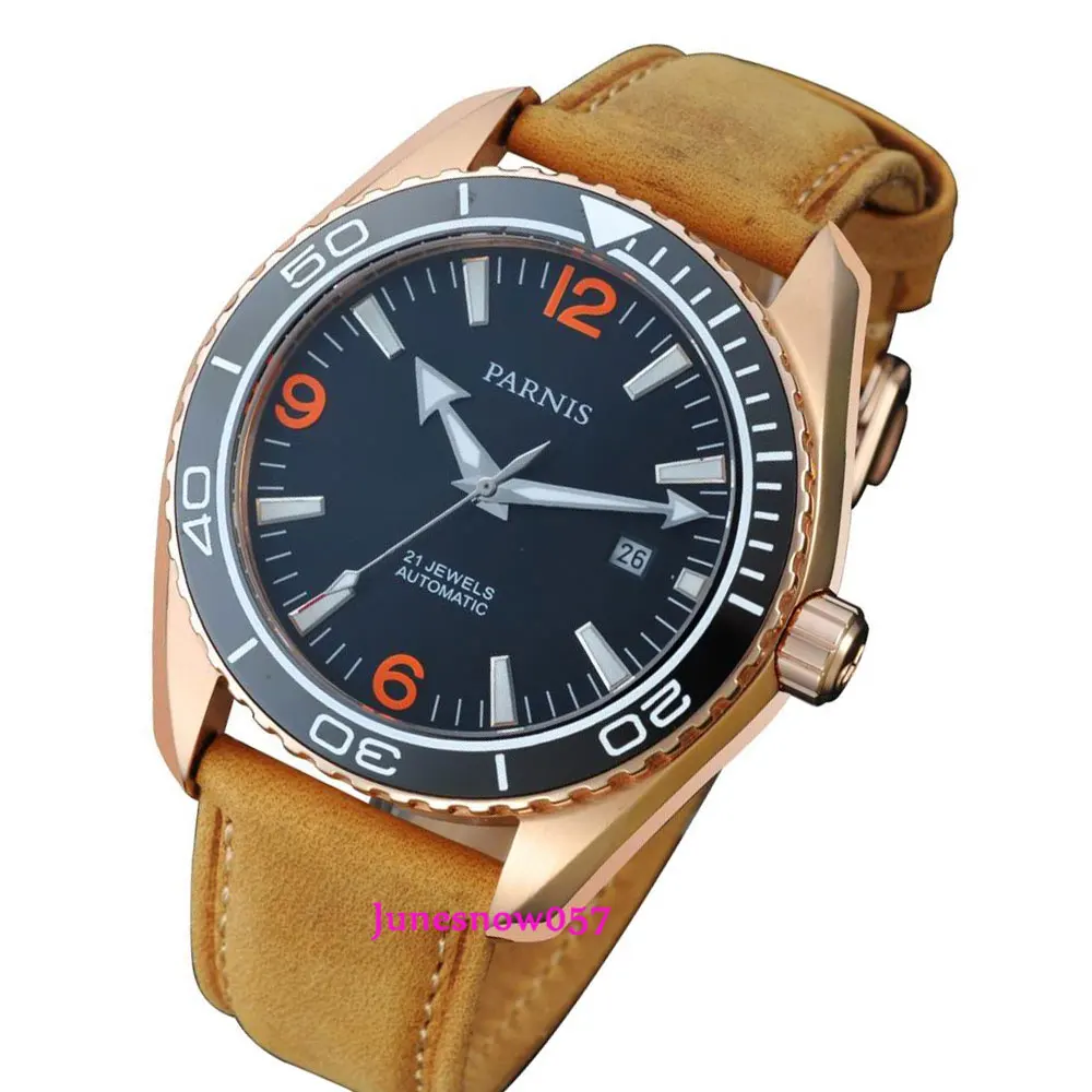 Parnis watch 45mm black dial golden case Khaki leather strap 21 jewels MIYOTA Automatic movement Men's watch 306A
Parnis watch 45mm black dial golden case Khaki leather strap 21 jewels MIYOTA Automatic movement Men's watch 306A