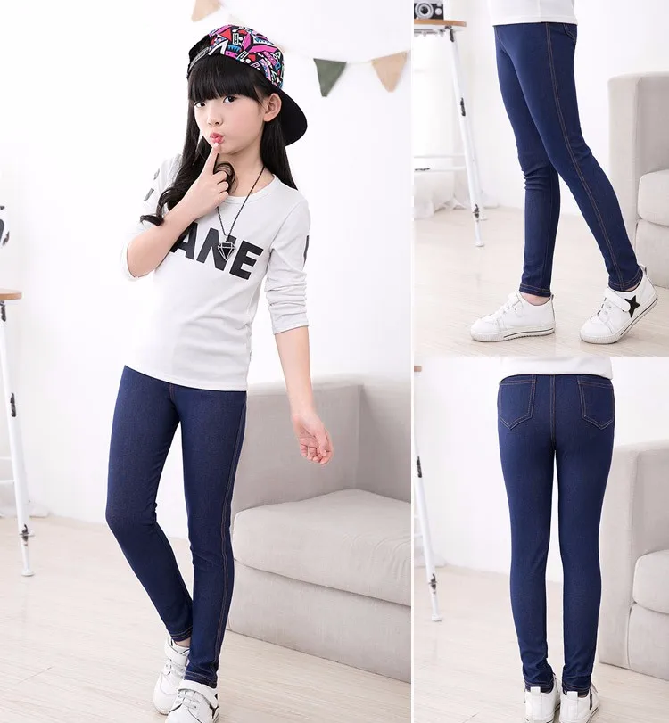 SheeCute New Spring Summer Fashion Girls Pencil knit Imitation denim fabric Jeans Kids Candy Colore Mid Waist Full Length pants 10