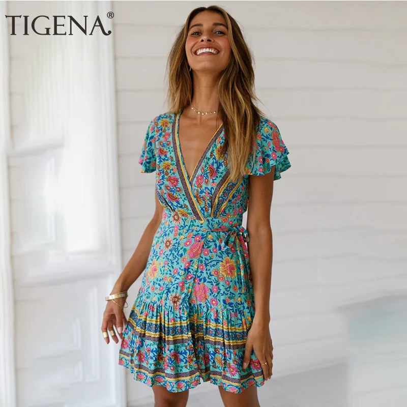 Сексуальное пляжное платье-туника TIGENA летнее с цветочным принтом в богемном
