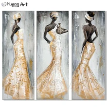 3 painel Pintura Da Lona Pintado À Mão pintura a Óleo Figura Abstrata Moderna Pinturas Home Decor Arte Da Parede Laranja Ouro Africano Mulheres Fotos(China)