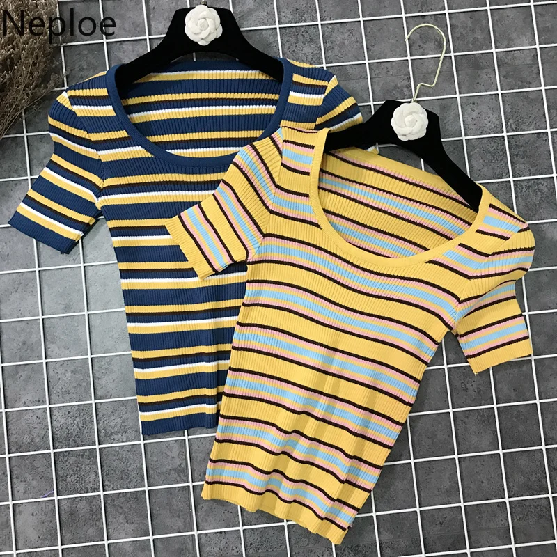 Neploe Contrast Color Striped Women T Shirts Summer 2019 New U-Neck Short Sleeve Tees Fashion Knitted Ladies Tops 44159
Neploe Contrast Color Striped Women T Shirts Summer 2019 New U-Neck Short Sleeve Tees Fashion Knitted Ladies Tops 44159
