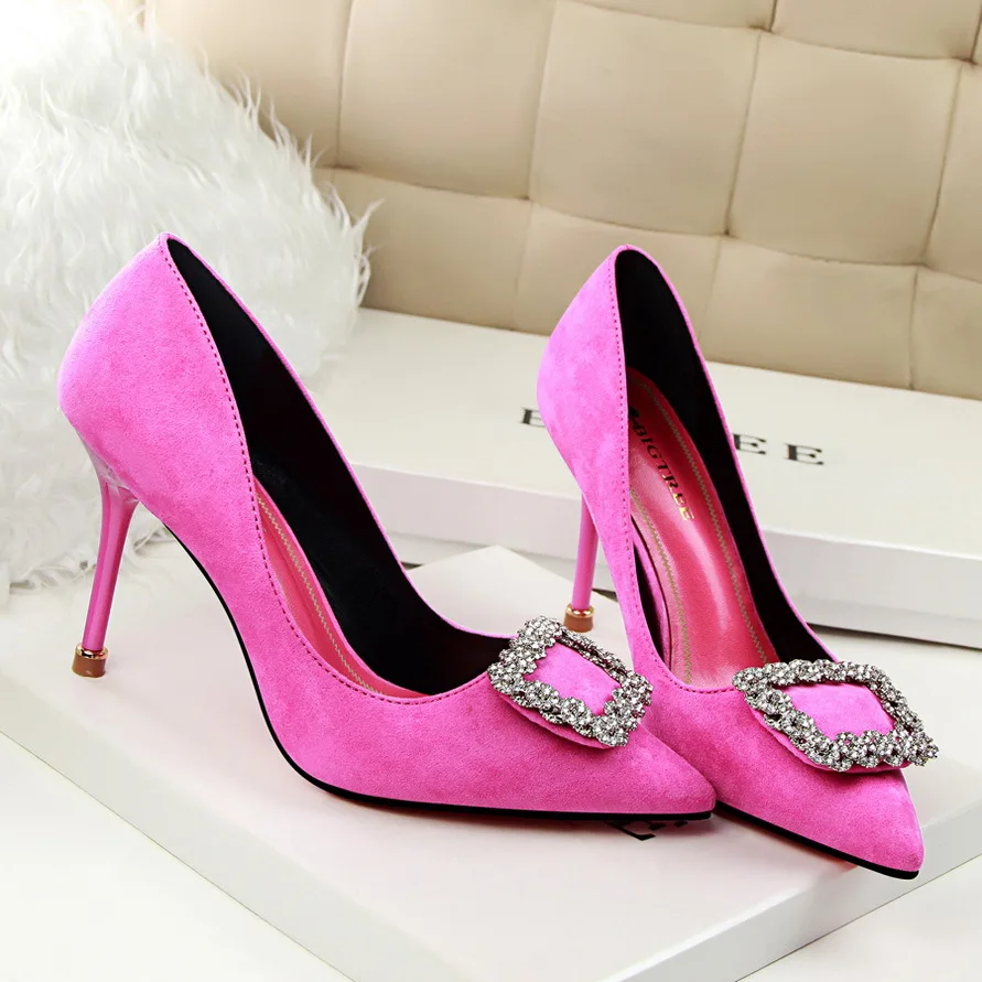 

Women Shoes Bright Purple Flock Pointed Toe 9cm Thin Heel Good Lady Pumps Rose Red Graceful Elegant Lady Party Wedding Shoe