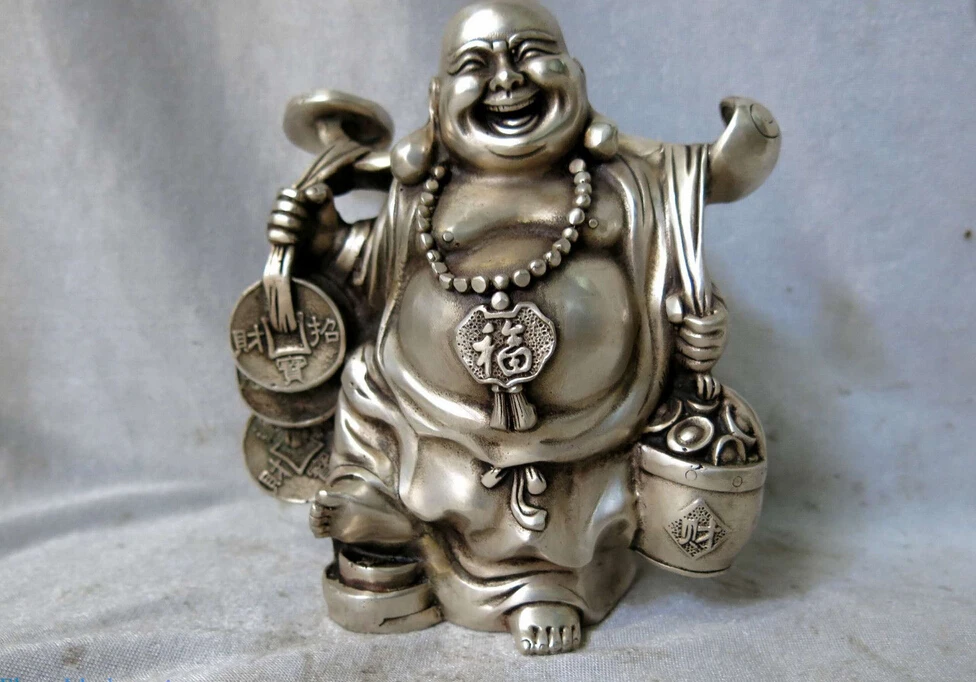 Silver sculpture China carved treasure buddhism happy Maitreya Buddha Statue