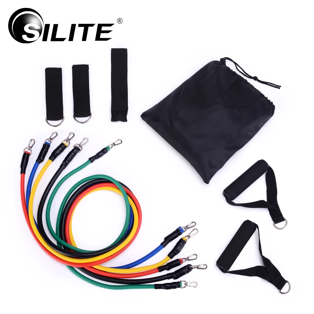 Image SILITE Fitness Equipments Workout Resistance Bands Latex 11pcs Set Exercise Pilates Tubes Pull Rope Expanders Training Practical