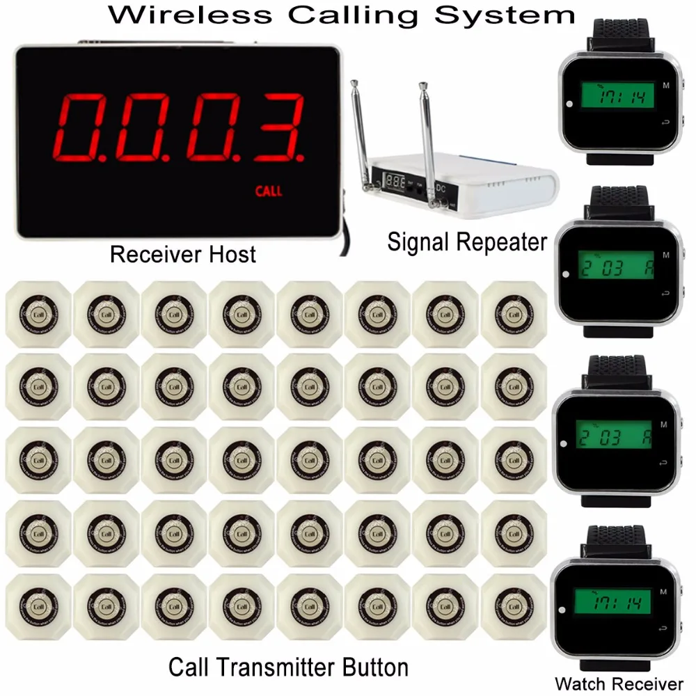 Pager Restaurant Calling System Wireless With Receiver Host+4pcs Watch Receiver+Signal Repeater+40pcs Call Transmitter F3293B
Pager Restaurant Calling System Wireless With Receiver Host+4pcs Watch Receiver+Signal Repeater+40pcs Call Transmitter F3293B