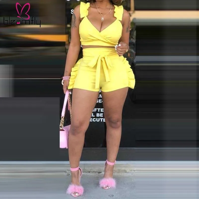 Two Piece Set 2019 Summer Women Crop Tops High Waist Shorts 2 Piece Set Ruffles Outfits Ladies Yellow Beach Matching Sets
Two Piece Set 2019 Summer Women Crop Tops High Waist Shorts 2 Piece Set Ruffles Outfits Ladies Yellow Beach Matching Sets