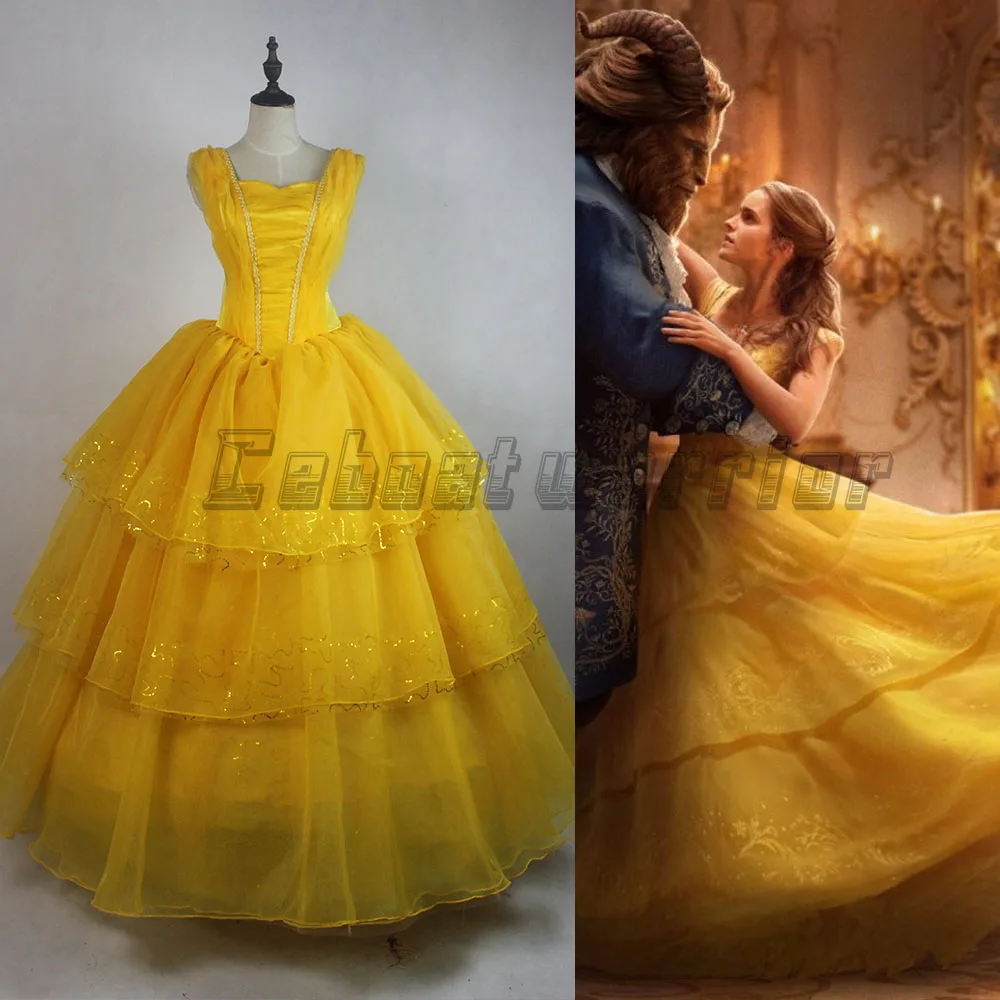 

2017 New Movie Beauty and the Beast Princess Belle Emma Watson adults cosplay costume yellow dress Custom made