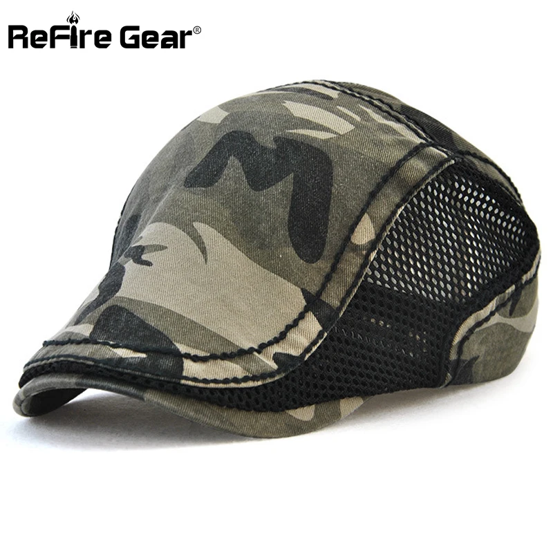 Фото ReFire Gear Camouflage Beret Cap Unisex Summer Breathable Cotton Mesh Berets Men Army Tactical Hat Casual Adjust Sun Flat Caps | Аксессуары