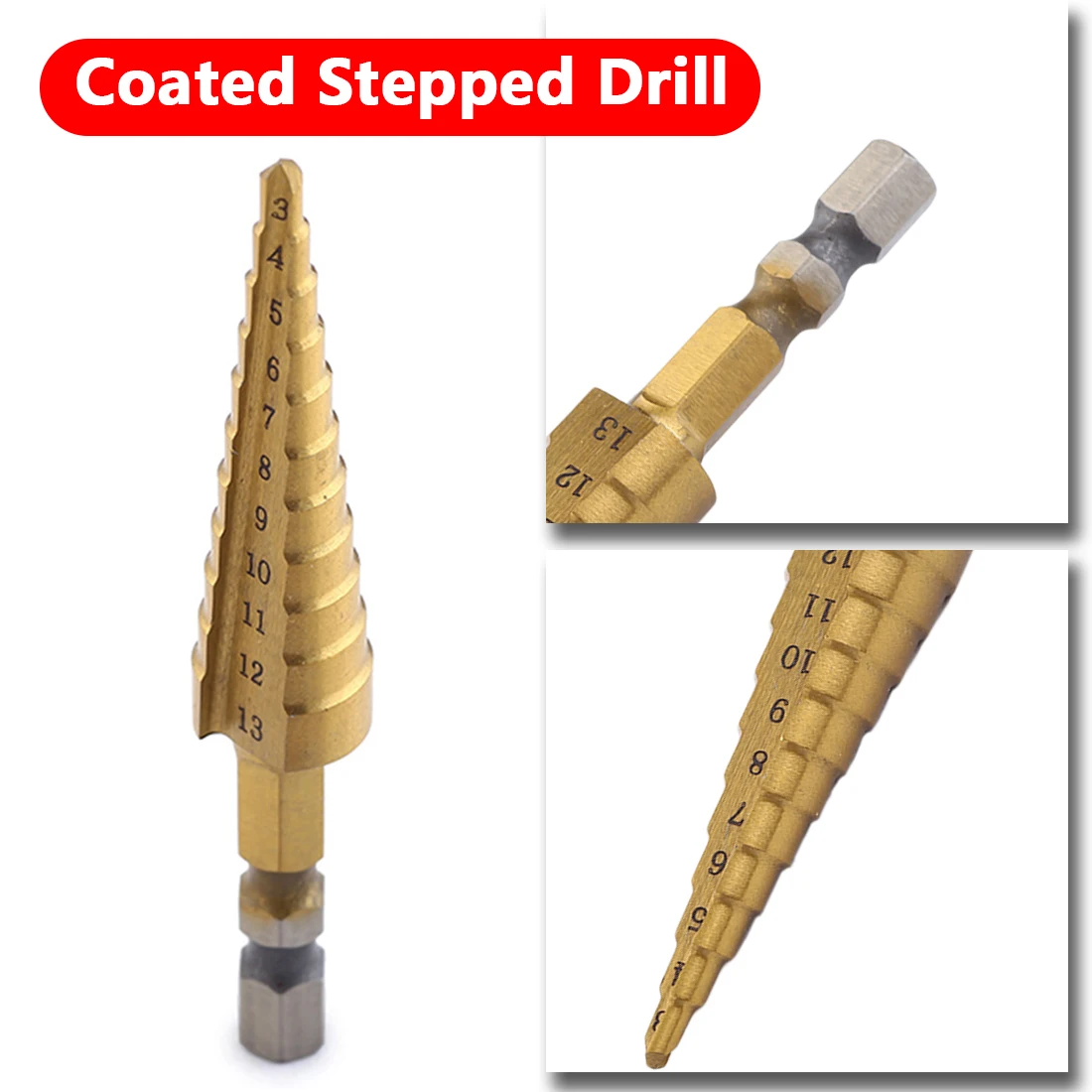 3-13mm HSS High Speed Steel Titanium Coated Step Drill Bit Step Cone Cutt Tools Woodworking Wood Metal Drill Bit Set
3-13mm HSS High Speed Steel Titanium Coated Step Drill Bit Step Cone Cutt Tools Woodworking Wood Metal Drill Bit Set