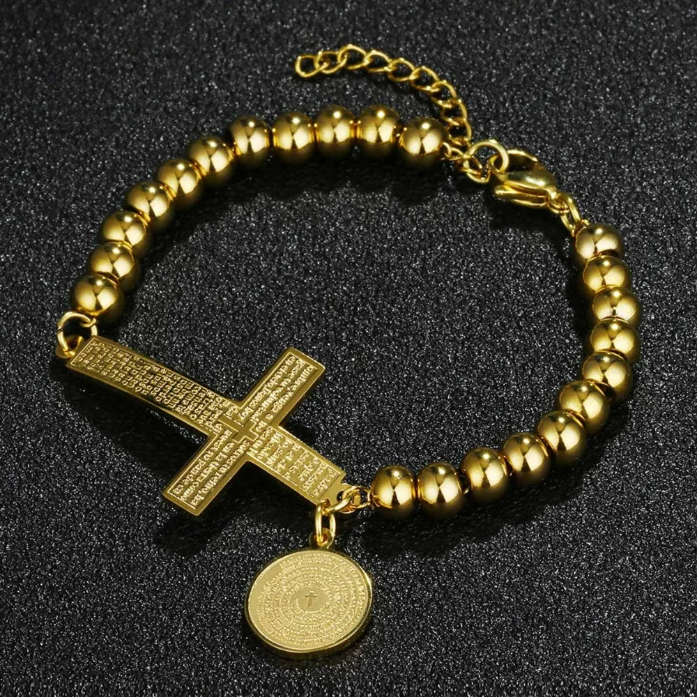 Stainless Steel Beads Bracelets Bangle Sideways Cross Bible Medal Pendant Cuff Bracelet Women Men Religious Jewelry Gifts SL070
Stainless Steel Beads Bracelets Bangle Sideways Cross Bible Medal Pendant Cuff Bracelet Women Men Religious Jewelry Gifts SL070