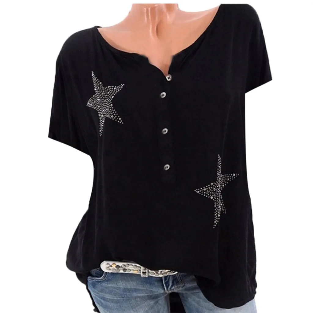 SAGACE Women T Shirt Short Sleeve Button Five-pointed Star Hot Drill Plus Size Tops T shirts Ladies Tee printing O Neck Shirt
SAGACE Women T Shirt Short Sleeve Button Five-pointed Star Hot Drill Plus Size Tops T shirts Ladies Tee printing O Neck Shirt