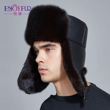 

ENJOYFUR winter hat earflap men real mink fur hats fur protect ear warm enough russian ushanka Genuine Leather bomber hat