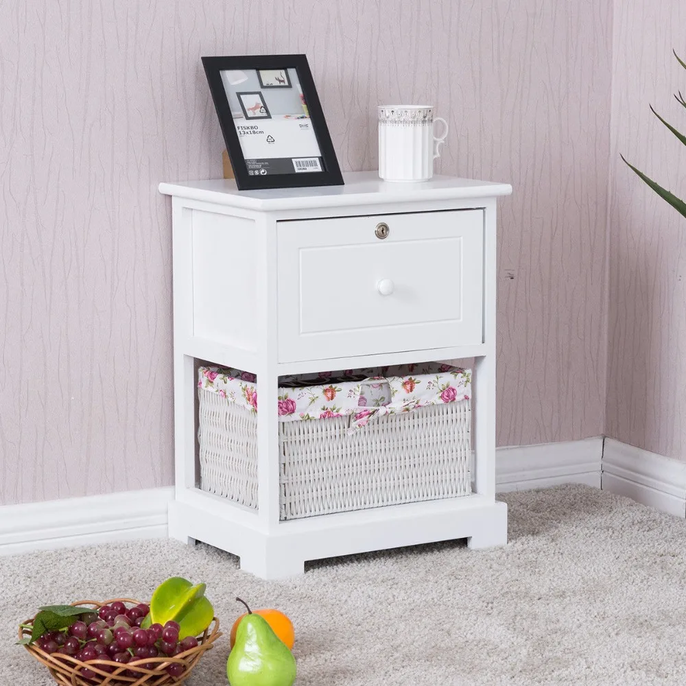 Wood Night Stand 2 Tiers 1 Drawer Bedside End Table Bedroom