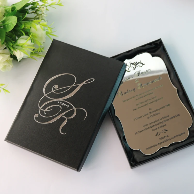 Sample-Personalized Silver Acrylic Wedding Invitation Cards For Party invitations and silver foiled Black Boxes
Sample-Personalized Silver Acrylic Wedding Invitation Cards For Party invitations and silver foiled Black Boxes