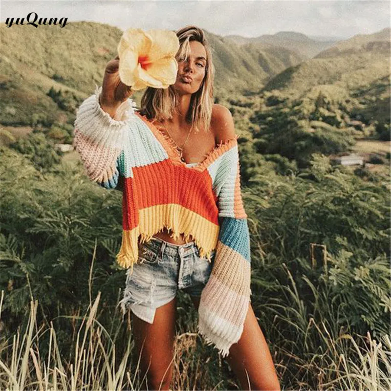 yuqung new Autumn Women stripe pullover Long Sleeve Knitted v neck Sweater Tops Outwear Femme tassel cropped Sweater Jumper A04
yuqung new Autumn Women stripe pullover Long Sleeve Knitted v neck Sweater Tops Outwear Femme tassel cropped Sweater Jumper A04