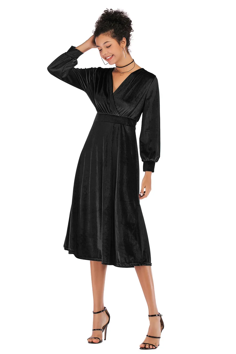 Gladiolus 2018 Autumn Winter Dress Women Long Sleeve V-Neck Tunic Swing Midi Sexy Gold Velvet Dress Women Evening Party Dresses (15)