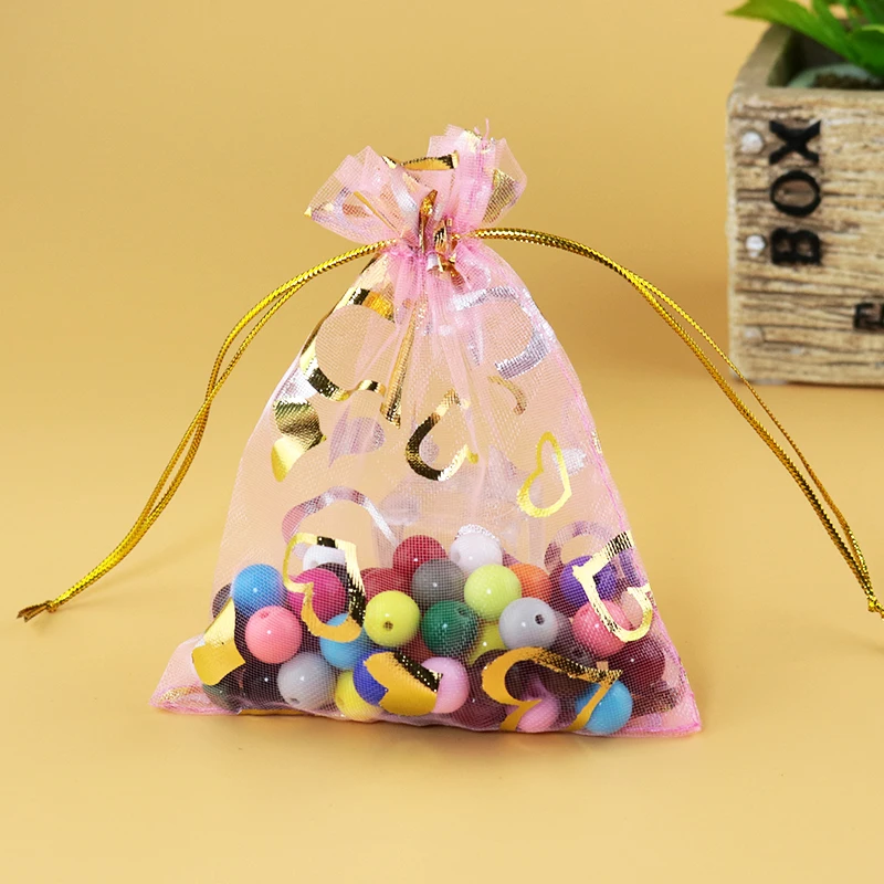 

100pcs/lot 13x18cm Pink Organza Bag Hearts Design Wedding Gift Bags Cute Jewelry Candy Gifts Packaging Bag Organza Pouches