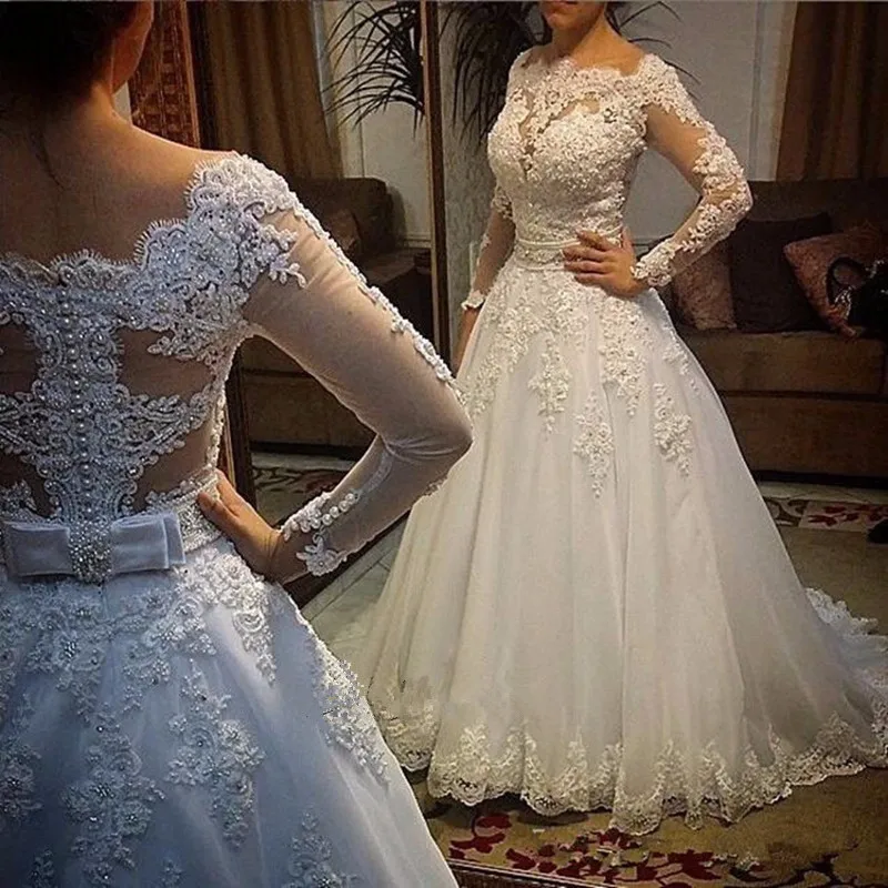 Robe de mariage Elegant Long Wedding Dress 2017 Boat Neck Long Sleeves Chapel Train A-Line Appliques Pearls Tulle Bridal Gowns
Robe de mariage Elegant Long Wedding Dress 2017 Boat Neck Long Sleeves Chapel Train A-Line Appliques Pearls Tulle Bridal Gowns
