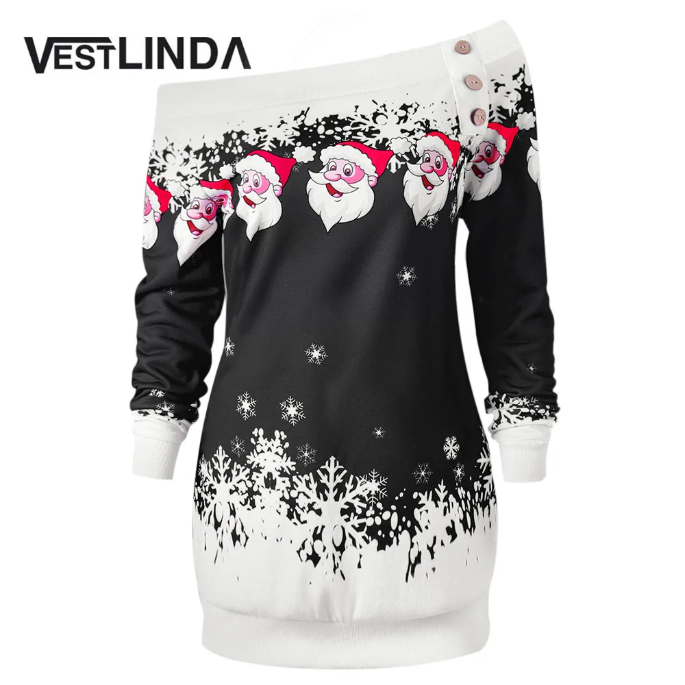 VESTLINDA Christmas T Shirt Santa Claus Snowflake T-Shirt Skew Neck Pullover Jumper 2017 Autumn Women Tshirt Fashion Button Tops 
VESTLINDA Christmas T Shirt Santa Claus Snowflake T-Shirt Skew Neck Pullover Jumper 2017 Autumn Women Tshirt Fashion Button Tops