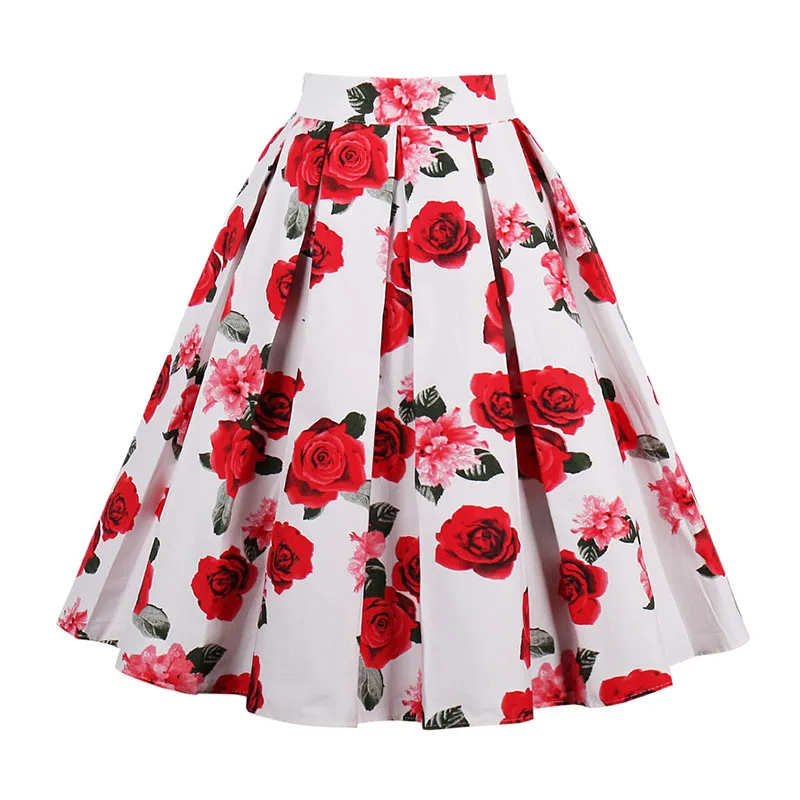 Kostlish Retro Print Flower Summer Skirts Womens 2017 High Waist Vintage Skirt Elegant A-Line Midi Women Skirt Plus Size XXL 22 (9)