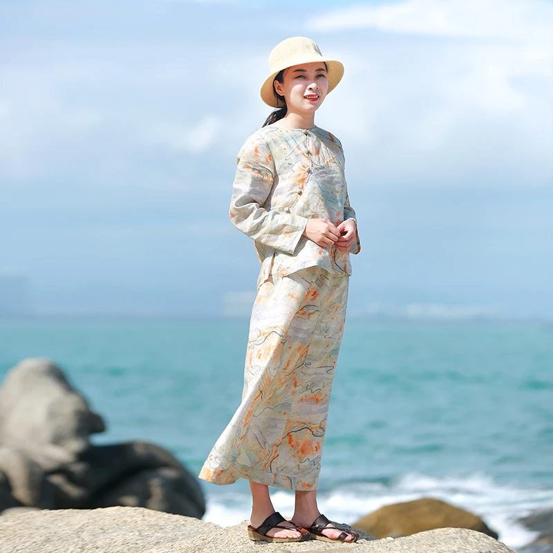 LZJN 2019 Women Sets Spring Summer Floral Print Chinese Style Blouses Pull Over Shirts and Skirts Ladies Ethnic Two-piece Suits (13)