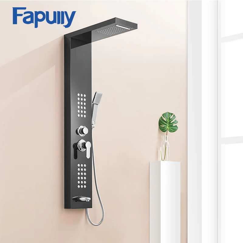 

Fapully Black Brushed Nickel Rainfall Shower Panel Wall Mounted SPA Rain Massage System Shower Faucet with Jets & Hand Shower