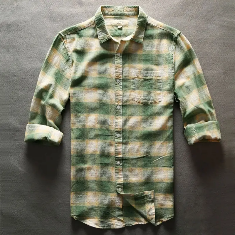 YYear Mens Cotton Vintage Colorblock Button Down Long Sleeve Plaid Check Shirts