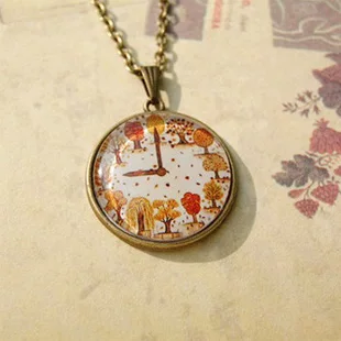Image Vintage Clock Printed Pendant Necklaces Autumn Fruit Trees Glass Gem Necklace Personalized Birthday Gifts XL101