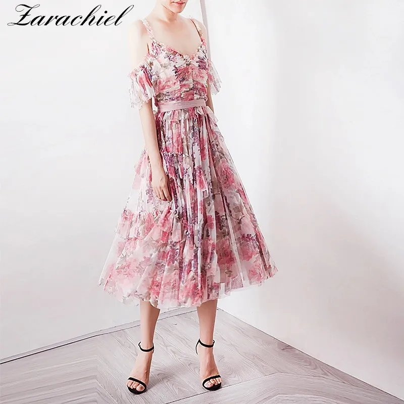 Pink Rose Floral Print Women Sweet Spaghetti Strap Dress 2019 Summer Pleats V-Neck Backless Ruffles Two Layer Mesh Tulle Dress
Pink Rose Floral Print Women Sweet Spaghetti Strap Dress 2019 Summer Pleats V-Neck Backless Ruffles Two Layer Mesh Tulle Dress
