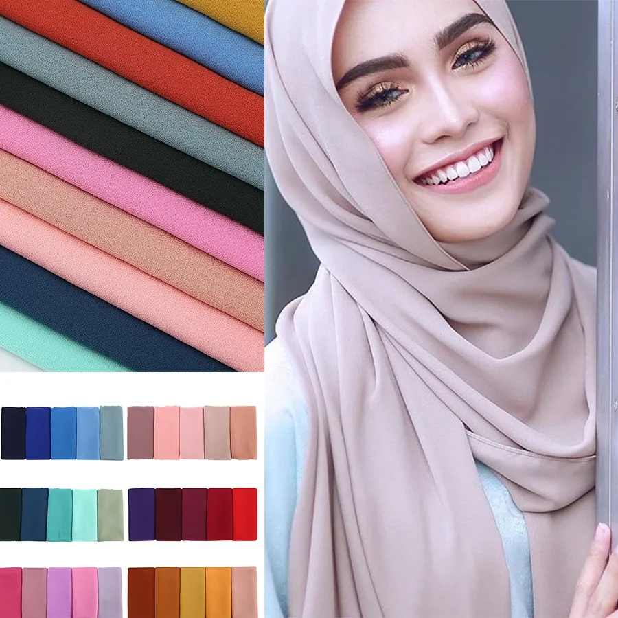 Фото Spring Bandana Headband Hijabs Women Bubble Chiffon Scarf Hijab Wrap Solid Color Shawls Muslim Scarves | Аксессуары для одежды