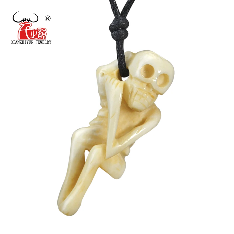 

1PC Handmade Carved Tibetan Yak Bone Necklace SKULL / SKELETON Pendant Adjustable Cord Choker Originality Gift Halloween Jewelry
