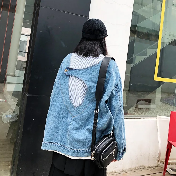 Creative design of back stitching stripe patch loose Street fake two fashionable BF neutral coat boyfriend denim jacket | Женская одежда