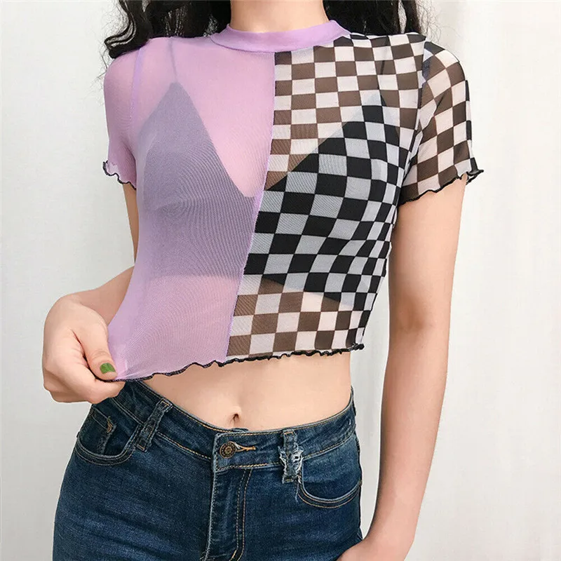 Sexy Purple Women Transparent Plaid T Shirts Crop Tops Fashion Summer Short Sleeve See Through Tees Ladies Mesh Tanks Clothing
Sexy Purple Women Transparent Plaid T Shirts Crop Tops Fashion Summer Short Sleeve See Through Tees Ladies Mesh Tanks Clothing
