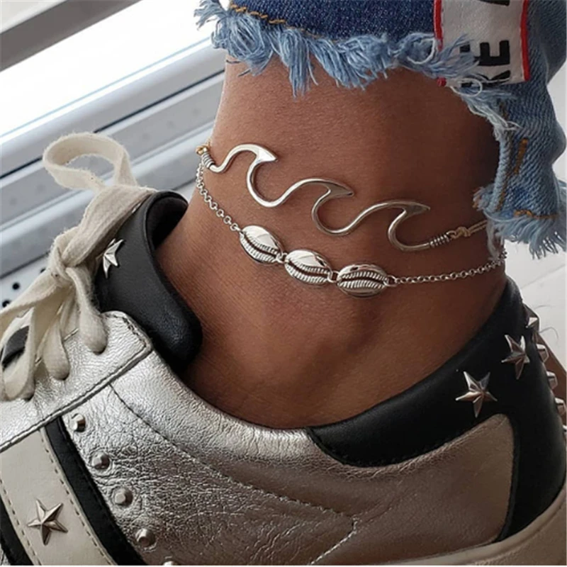 2 Pcs/ Set Personality Women Shell Lips Leather Chain Pendant Silver Multilayer Anklet Classic Summer Beach Jewelry Gift | Украшения и