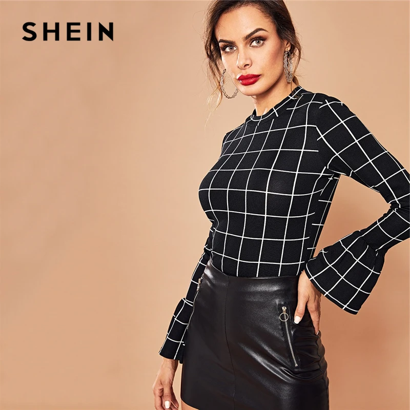 SHEIN Блуза В Клетку С Рукавом Колоколом Женская Демисезонная Классическая Блузка