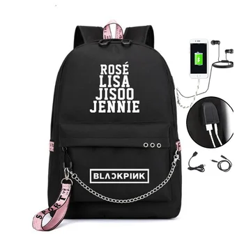 

2019 Kpop BLACKPINK LISA Backpack Women Korea Student School Bags for Teenage Girls Boys Large Nylon Chain Back Pack USB Bagpack