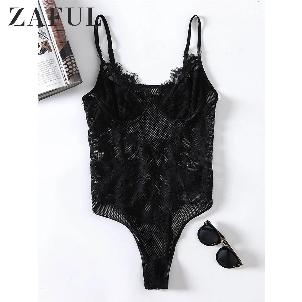 

ZAFUL Sheer Fishnet Lace Teddy Bodysuit Female Sexy Black Overalls Women Jumpsuit New Fashions 2019 Summer Ladies Clothing
