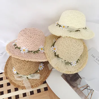 

Summer Kids Floral Straw Hats Fedora Hat Children Visor Beach Sun Baby Girls Sunhat Wide Brim Floppy Panama For Girl