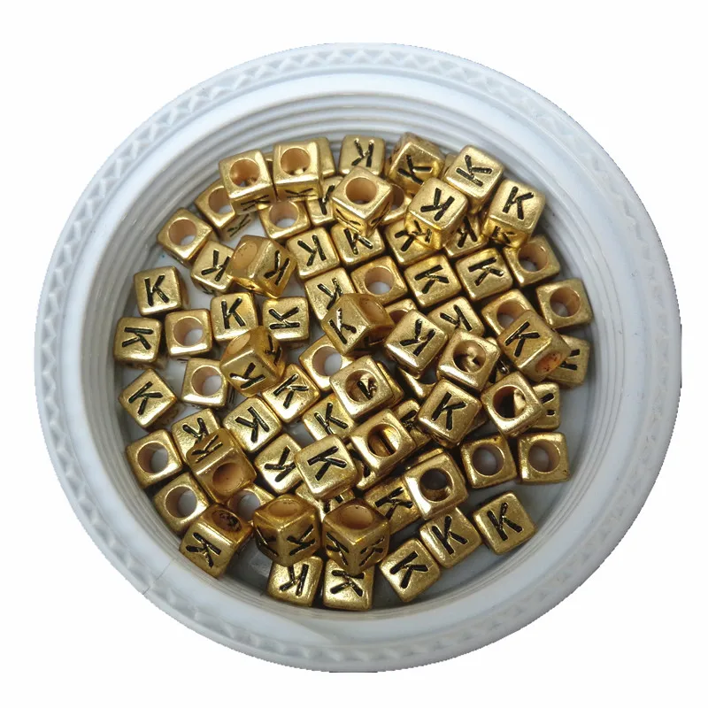 

Trendy 2600pcs 6*6MM Big Hole Acrylic Plastic Letter K Beads Gold Color Cube Square Alphabet Bracelet Spacer DIY Beads