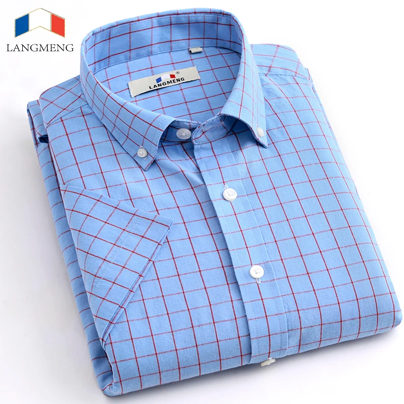 Langmeng Men's Plaid Cotton Shirt w/ Short Sleeve