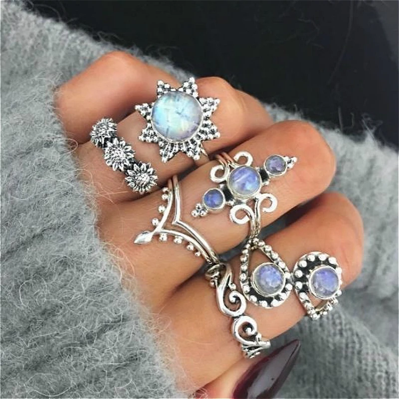 6 Pcs/Set Vintage Sunflower Sun Articulation Handmade Opal Ring Set for Women Leaf Flower Heart Crown Rings Ethnic Boho Jewelry
6 Pcs/Set Vintage Sunflower Sun Articulation Handmade Opal Ring Set for Women Leaf Flower Heart Crown Rings Ethnic Boho Jewelry