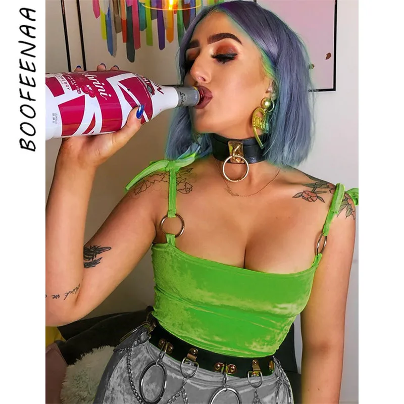 

BOOFEENAA Sexy Tie Knot Ring Neon Green Velvet Sexy Crop Top Streetwear Casual Tanktop Woman Summer 2019 T Shirt C77-G33