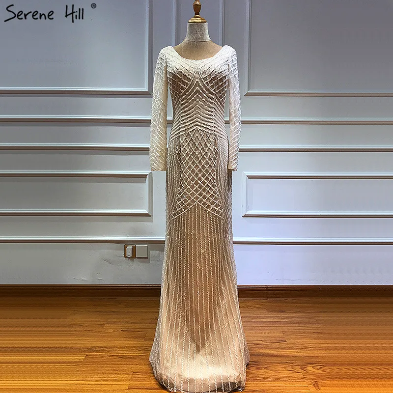 

Dubai White Nude Luxury Long Sleeves Evening Dresses 2019 Latest Design Full Beading Mermaid Evening Gowns Serene Hill LA60958