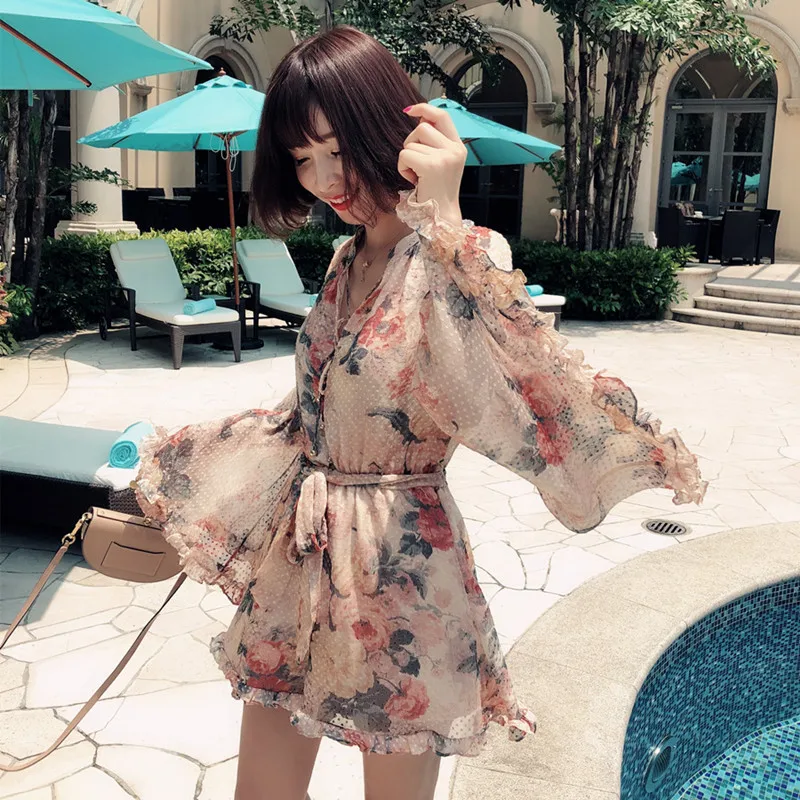 women Floral print wide ruffle long sleeve neck tie v neck loose silk elegant girls jumpsuit with belt
women Floral print wide ruffle long sleeve neck tie v neck loose silk elegant girls jumpsuit with belt