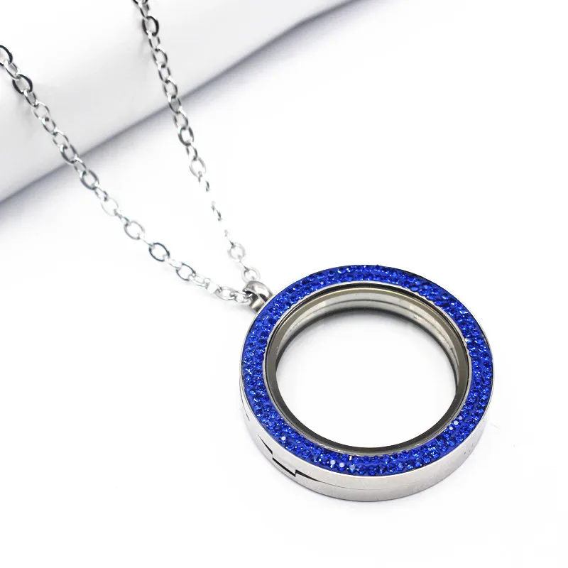 34mm Free Stainless Steel Chain Magnet Blue Crystal Floating Lockets Necklace Silver Big Glass Locket Pendant Jewelry | Украшения и