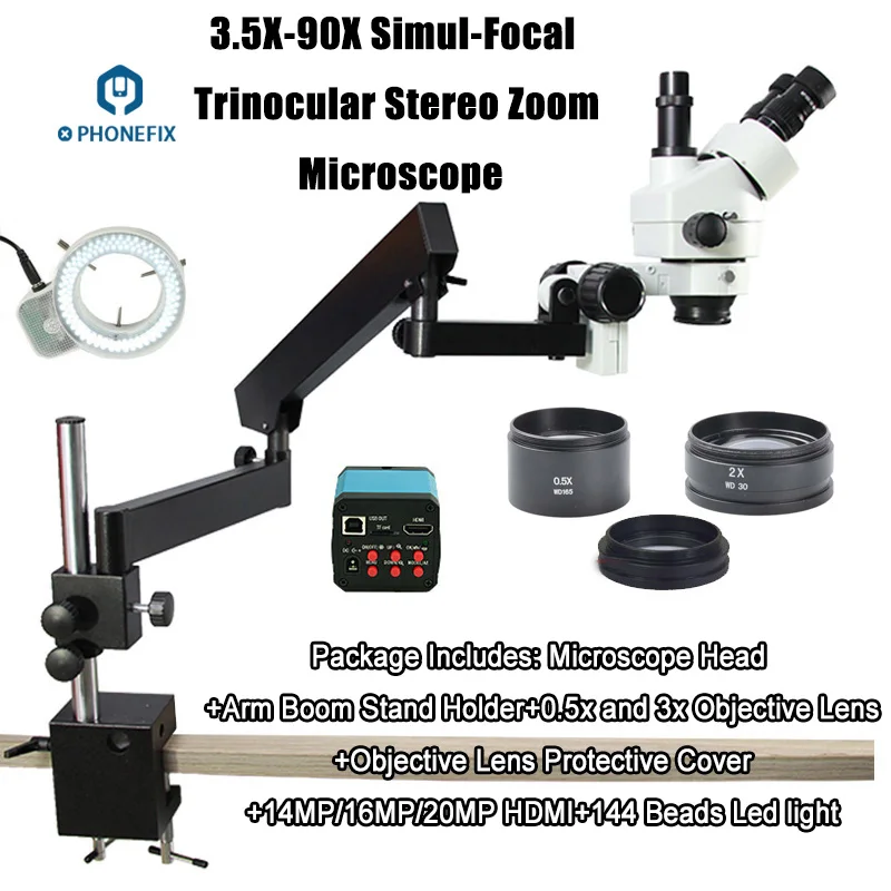 3.5X-90X Simul-Focal Trinocular Stereo Zoom Microscope with extension-type arm boom stand 0.5X 2.0X Lens for Phone PCB Repair
3.5X-90X Simul-Focal Trinocular Stereo Zoom Microscope with extension-type arm boom stand 0.5X 2.0X Lens for Phone PCB Repair