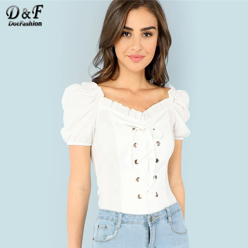 

Dotfashion White Puff Sleeve Frill Trim Lace Up Top Women 2019 Summer Casual Tee Womens T Shirt Tops V Neck Short Sleeve T-Shirt