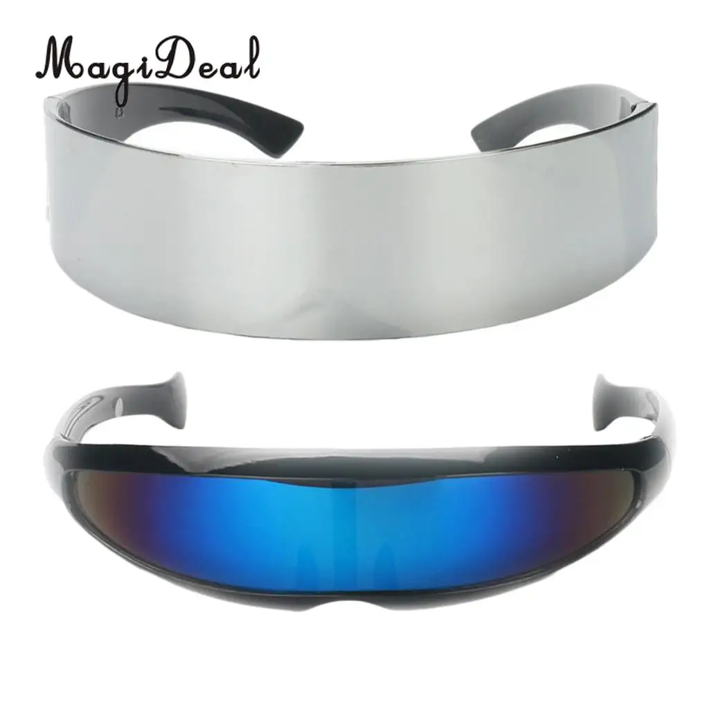 MagiDeal 2 Pieces Stylish Narrow Blue Metallic Silver Outer Space Robot Alien Eyeglasses Shade Eyewear Future Soldier Sunglasses