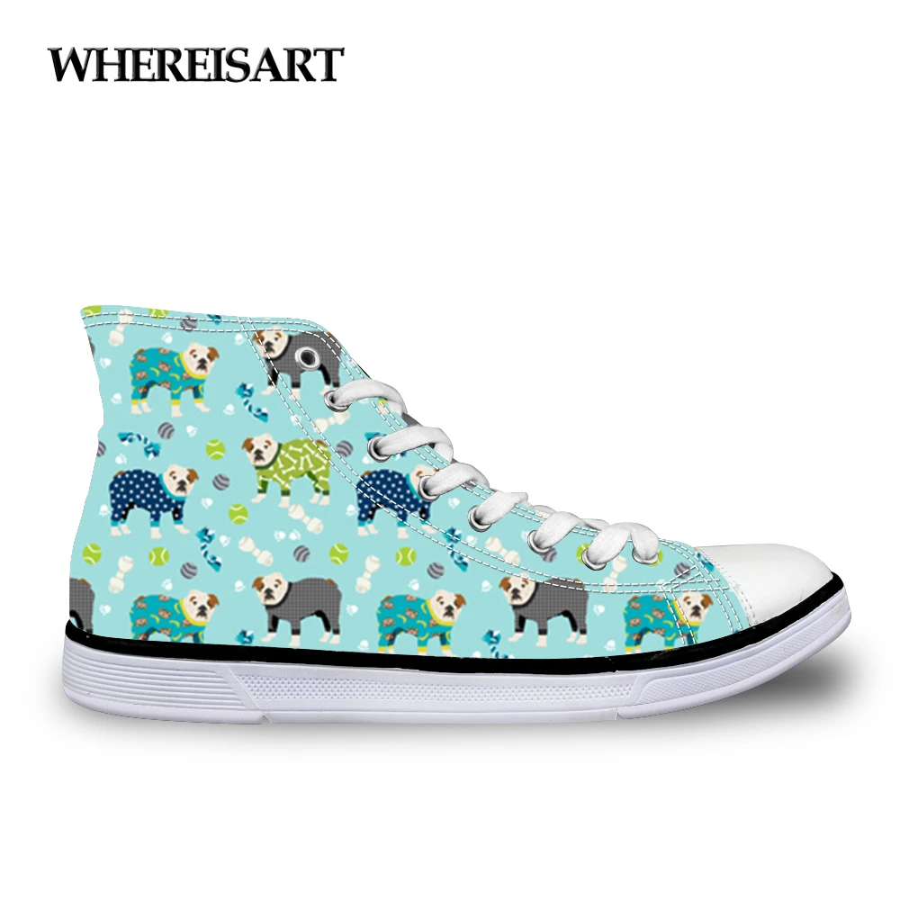 

WHEREISART English Bulldog Printed Women Vulcanize Shoes for Ladies Flat Casual Lace up Canvas Shoes Sneakers Tenis Feminino