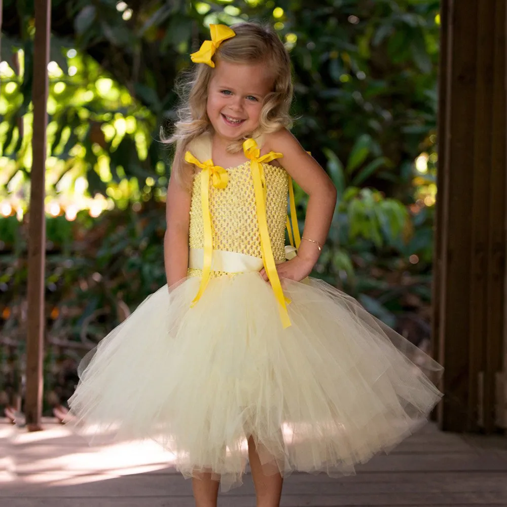 Lovely Girls Yellow Ribbons Tutu Dress Baby Crochet Tulle Strap Dresses with Hairbow Kids Birthday Party Costume Dress Cloth
Lovely Girls Yellow Ribbons Tutu Dress Baby Crochet Tulle Strap Dresses with Hairbow Kids Birthday Party Costume Dress Cloth